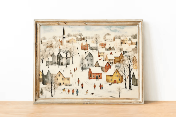 winterVintage Winter Village Painting, Winter Scenes, Printable Winter Landscape, Winter Wall Art Print, Country Winter Print, Cottagecore Prints